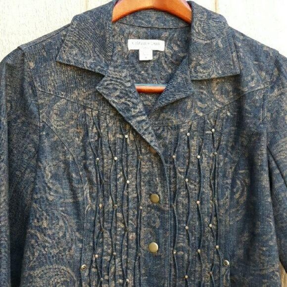 Vtg 90's Western Jean Jacket Gold Metallic Print Pintuck Studded Details Sz 4 - Picture 4 of 9